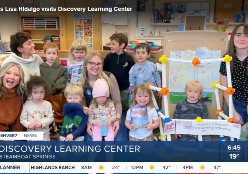 Screenshot from Denver7 news broadcast showing meteorologist Lisa Hidalgo visiting Discovery Learning Center preschool in Steamboat Springs, CO.