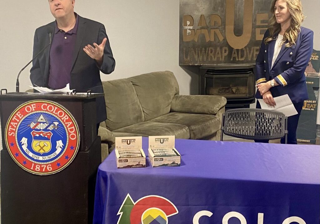 Gov. Jared Polis and state Rep. Meghan Lukens at a bill-signing ceremony held at the Bar-U-Eat production facility in Hayden on Wednesday, May, 29, 2024. Trevor Ballantyne/Steamboat Pilot & Today