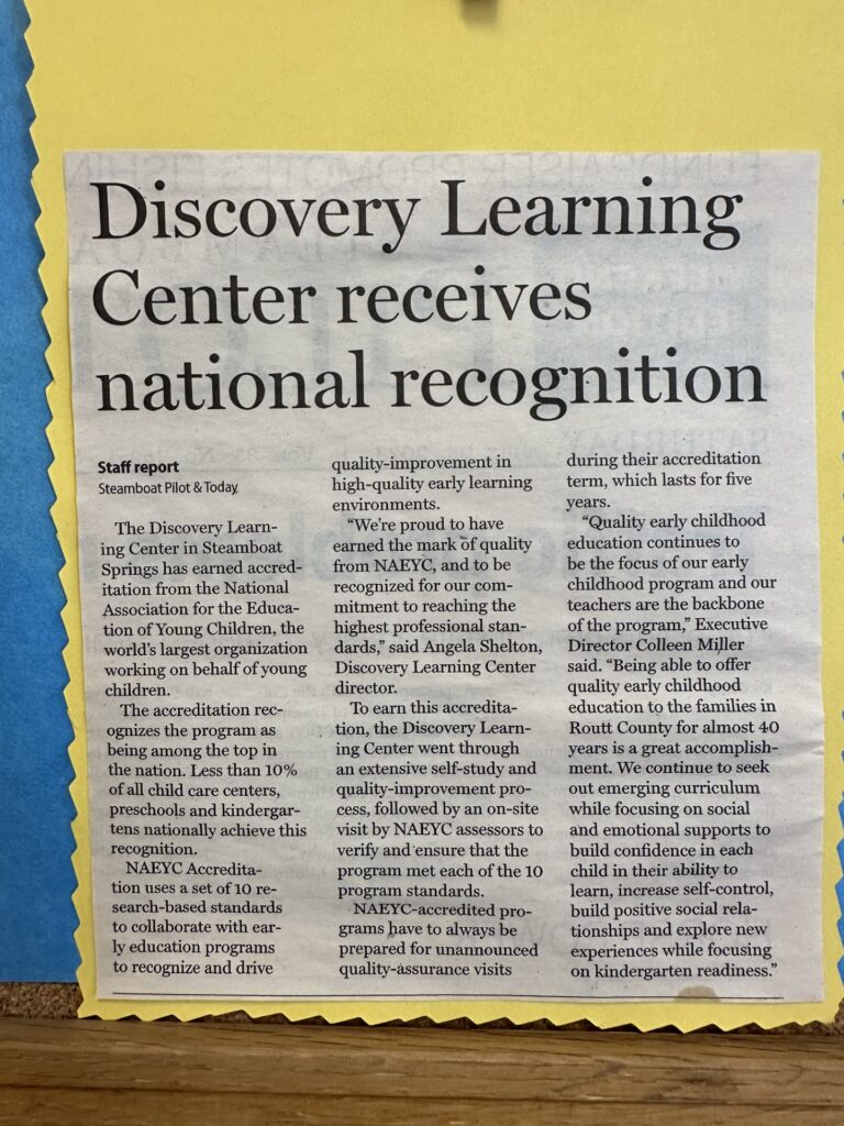 Steamboat Pilot and Today article about Discovery Learning Center preschool in Steamboat Springs, CO receiving national recognition from NAEYC.
