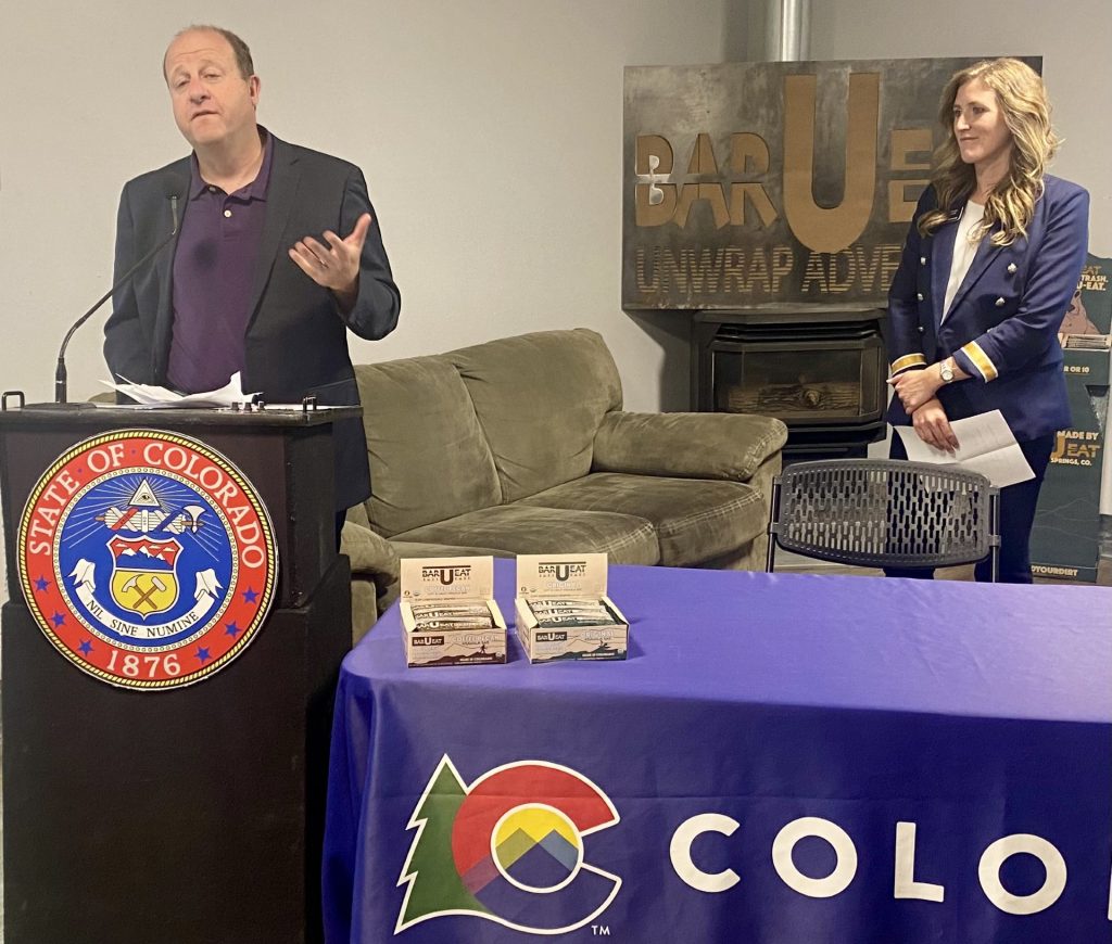 Gov. Jared Polis and state Rep. Meghan Lukens at a bill-signing ceremony held at the Bar-U-Eat production facility in Hayden on Wednesday, May, 29, 2024. Trevor Ballantyne/Steamboat Pilot & Today